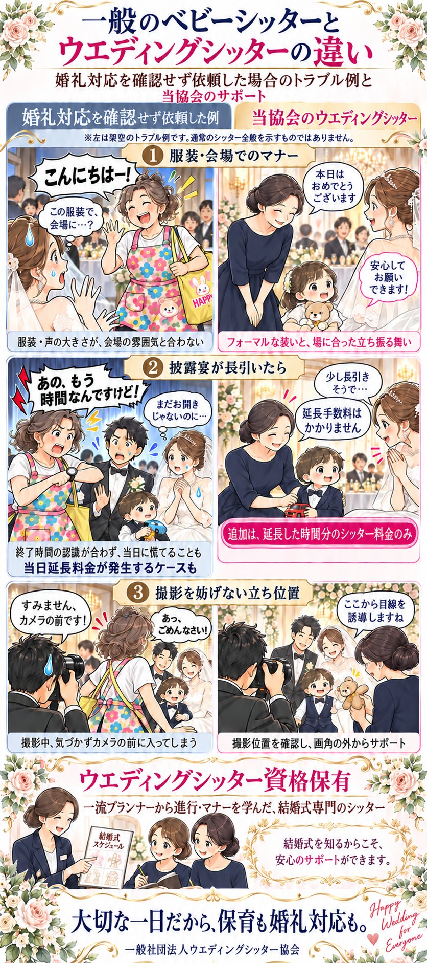 一般のベビーシッターとウエディングシッターの違いを3つの場面で比べたイラスト。1. 服装・会場でのマナー：フォーマルな装いと、場に合った立ち振る舞い。2. 披露宴が長引いたら：延長手数料はかからず、追加は延長した時間分のシッター料金のみ。3. 撮影を妨げない立ち位置：撮影位置を確認し、画角の外からサポート。ウエディングシッター資格保有、一流プランナーから進行・マナーを学んだ結婚式専門のシッターです。